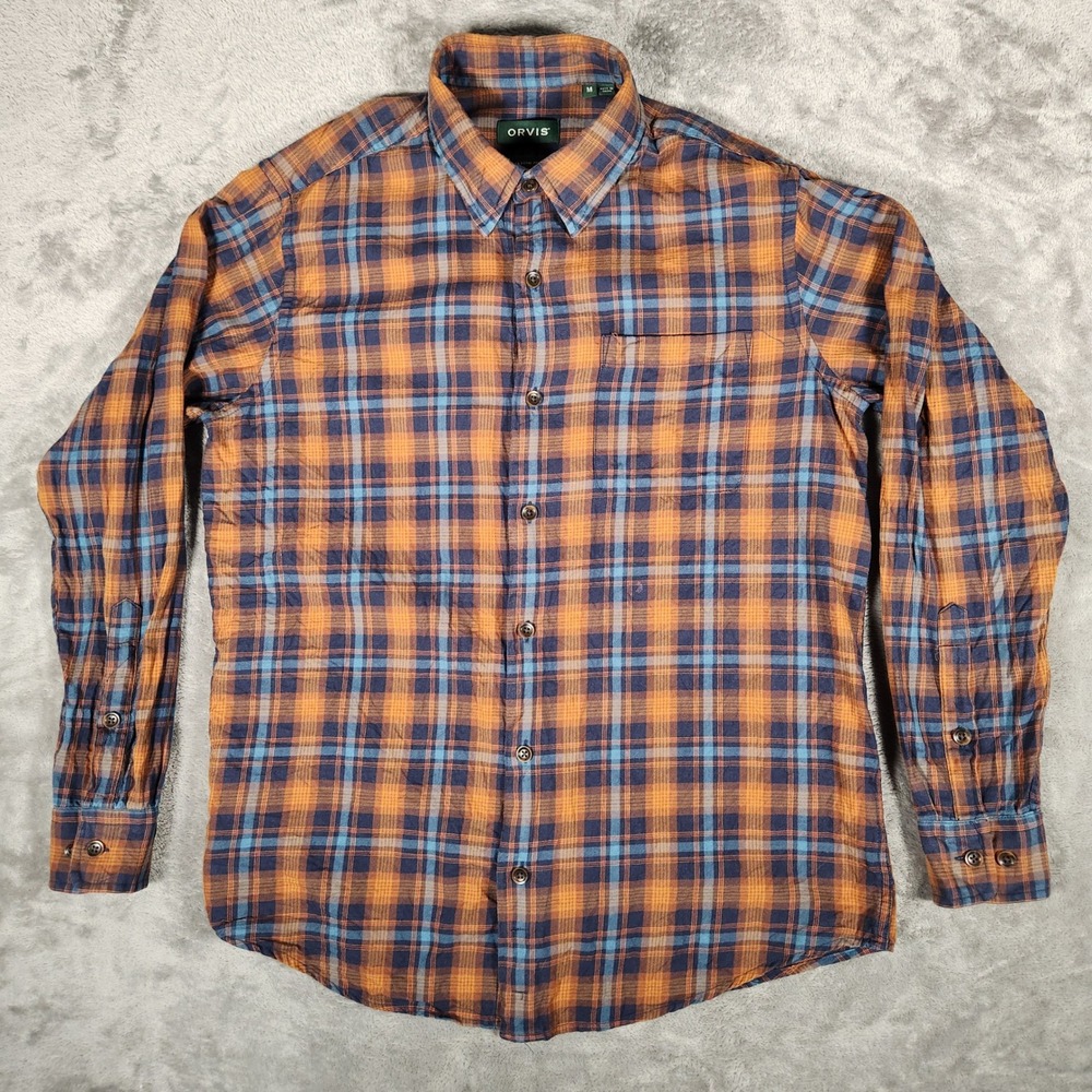 Orvis Button Down Shirt Mens Medium Orange Blue Plaid Cotton Wool Blend